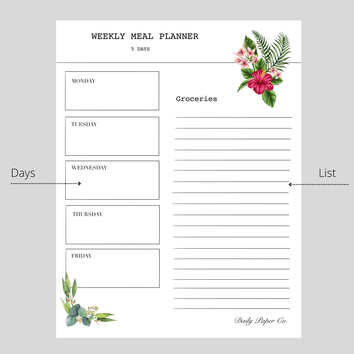 English meal planner 5 days digital