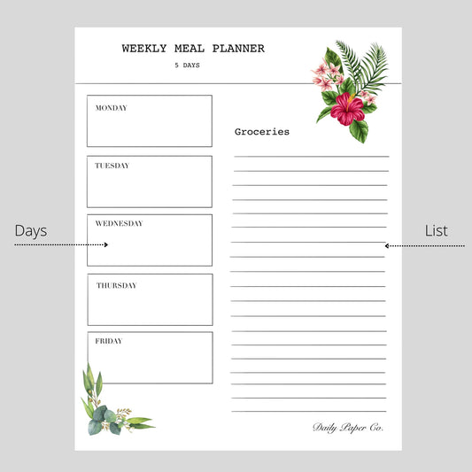 English meal planner 5 days digital