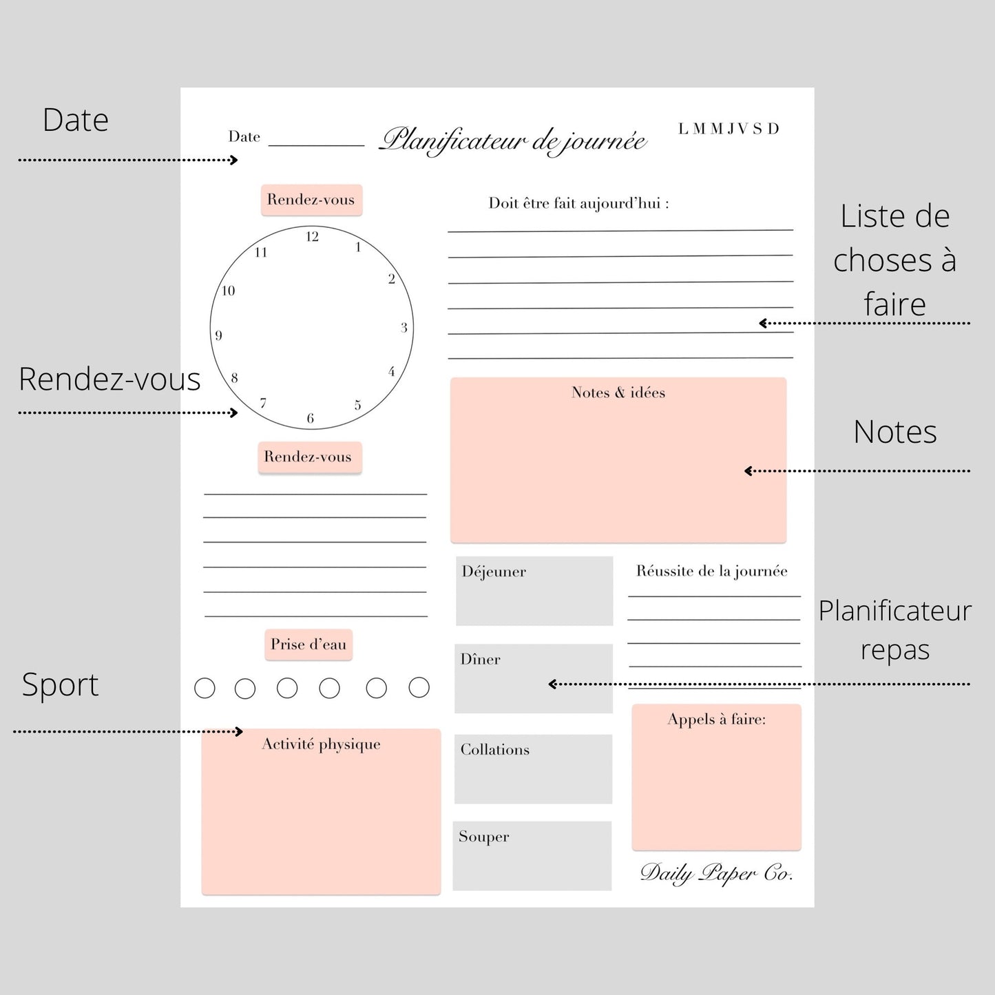 Planificateur journée complet rose